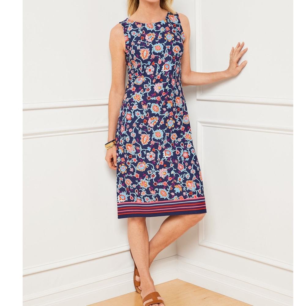 Talbots Effortless Jersey Shift‎ Dress Womens L Blue Floral Preppy Resortwear